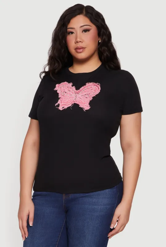 Plus Size Butterfly Rhinestone Denim Patch Tee made by Rainbow