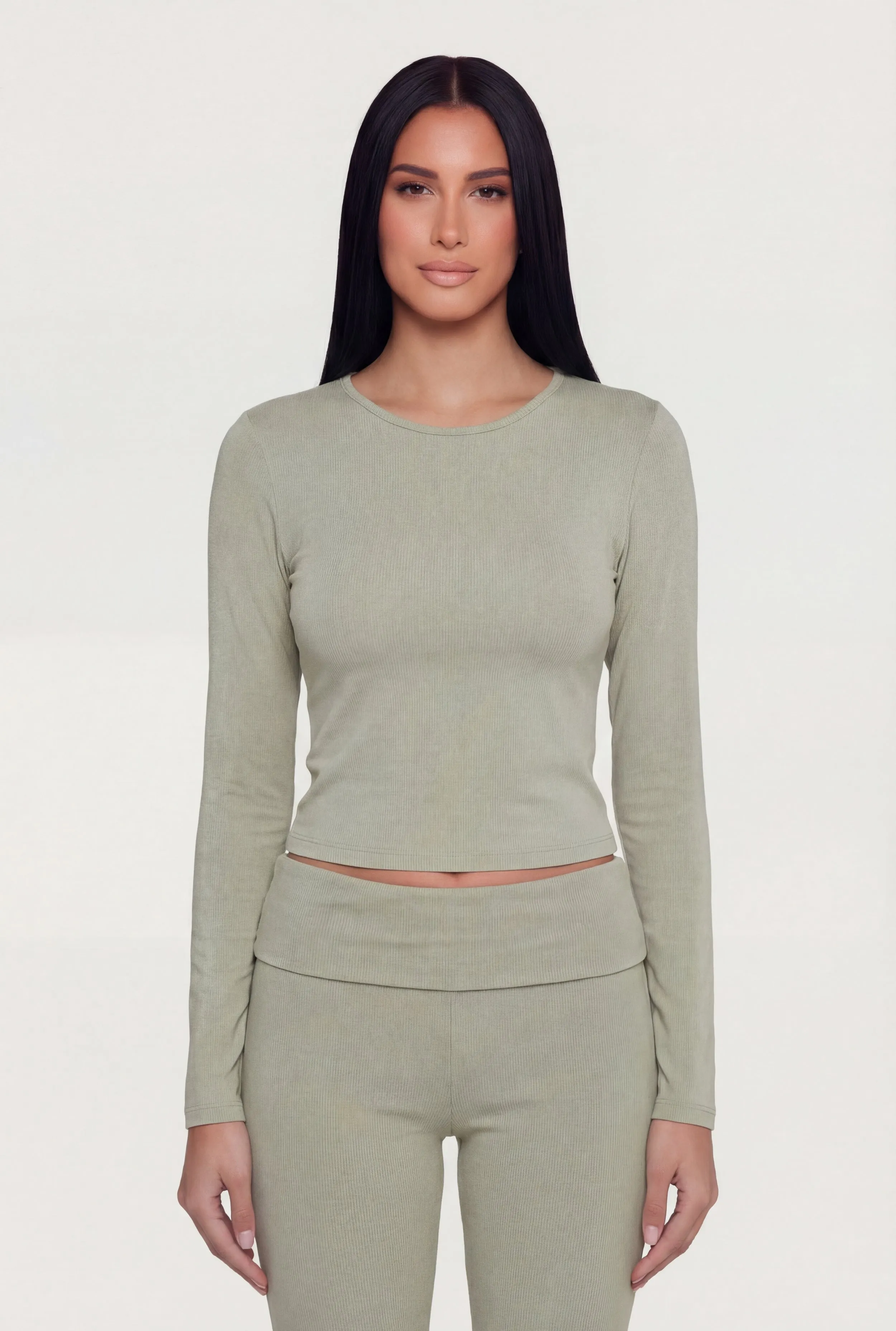 Rib Knit Long Sleeve Crew Neck Crop Top sold by Rainbow product image thumbnail 4