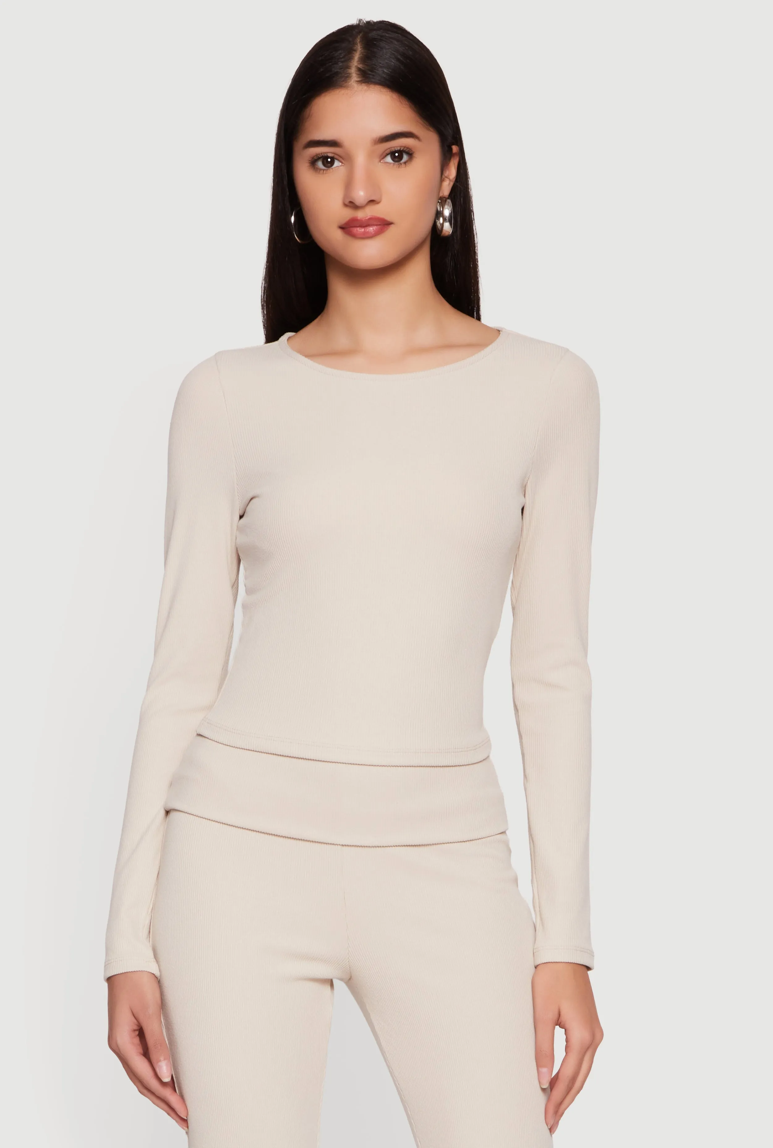 Rib Knit Long Sleeve Crew Neck Crop Top sold by Rainbow product image thumbnail 5