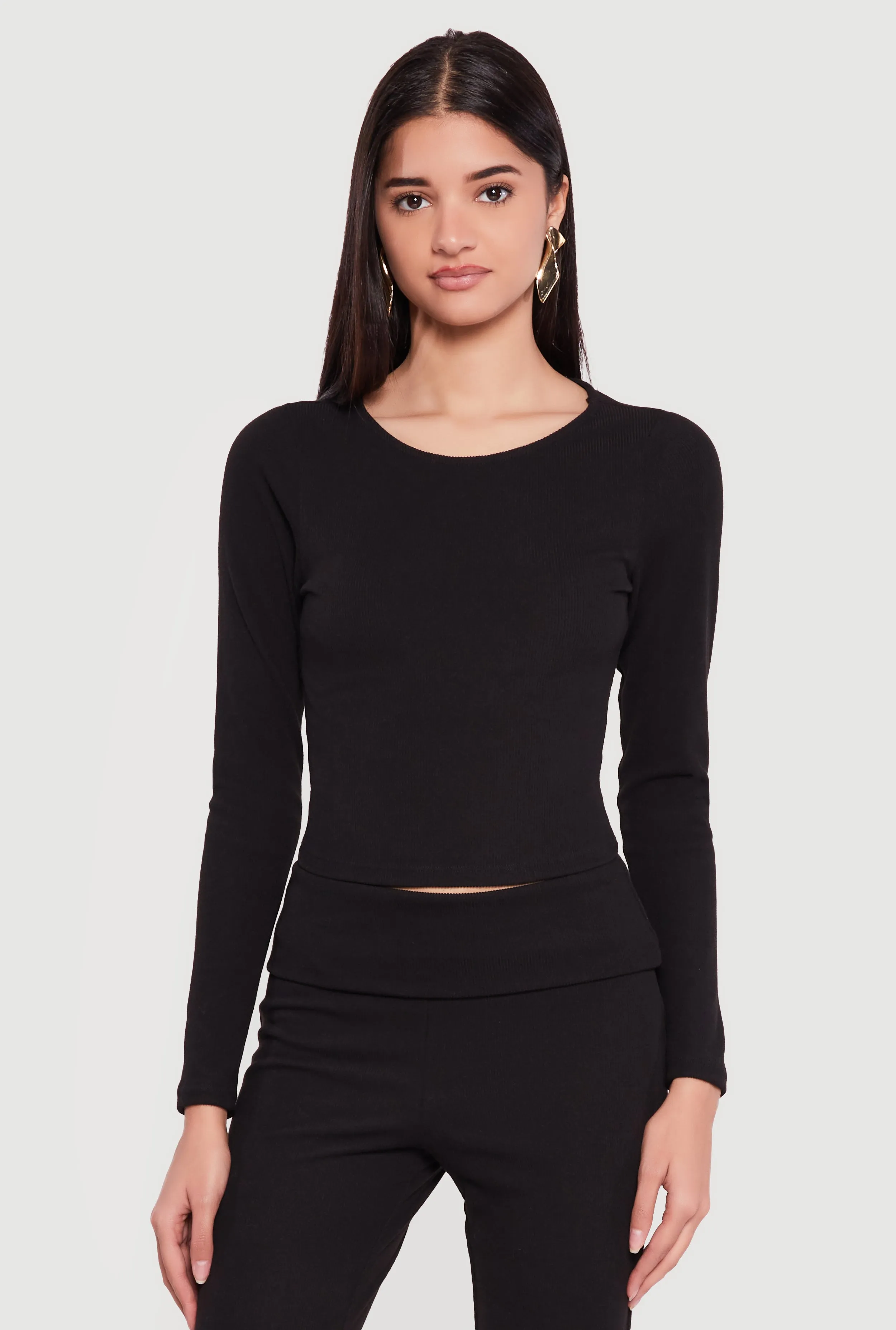 Rib Knit Long Sleeve Crew Neck Crop Top sold by Rainbow