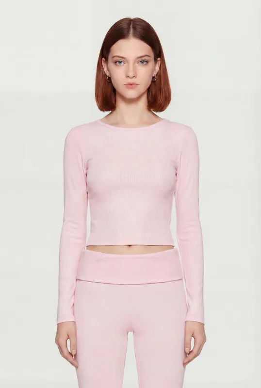 Rib Knit Long Sleeve Crew Neck Crop Top sold by Rainbow