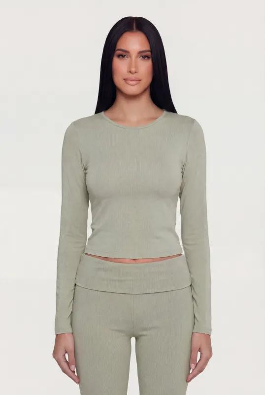 Rib Knit Long Sleeve Crew Neck Crop Top made by Rainbow