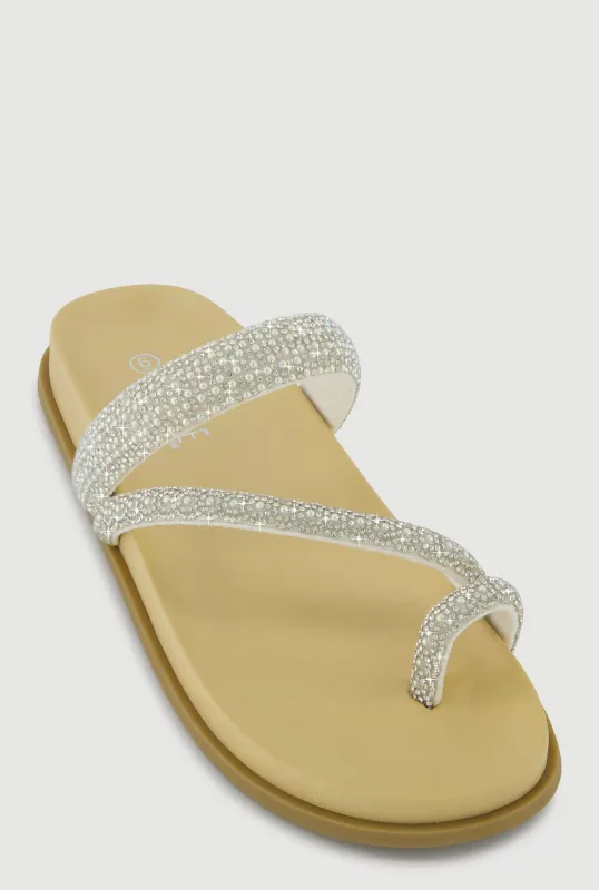 Asymmetrical Studded Rhinestone Toe Loop Sandals sold by Rainbow