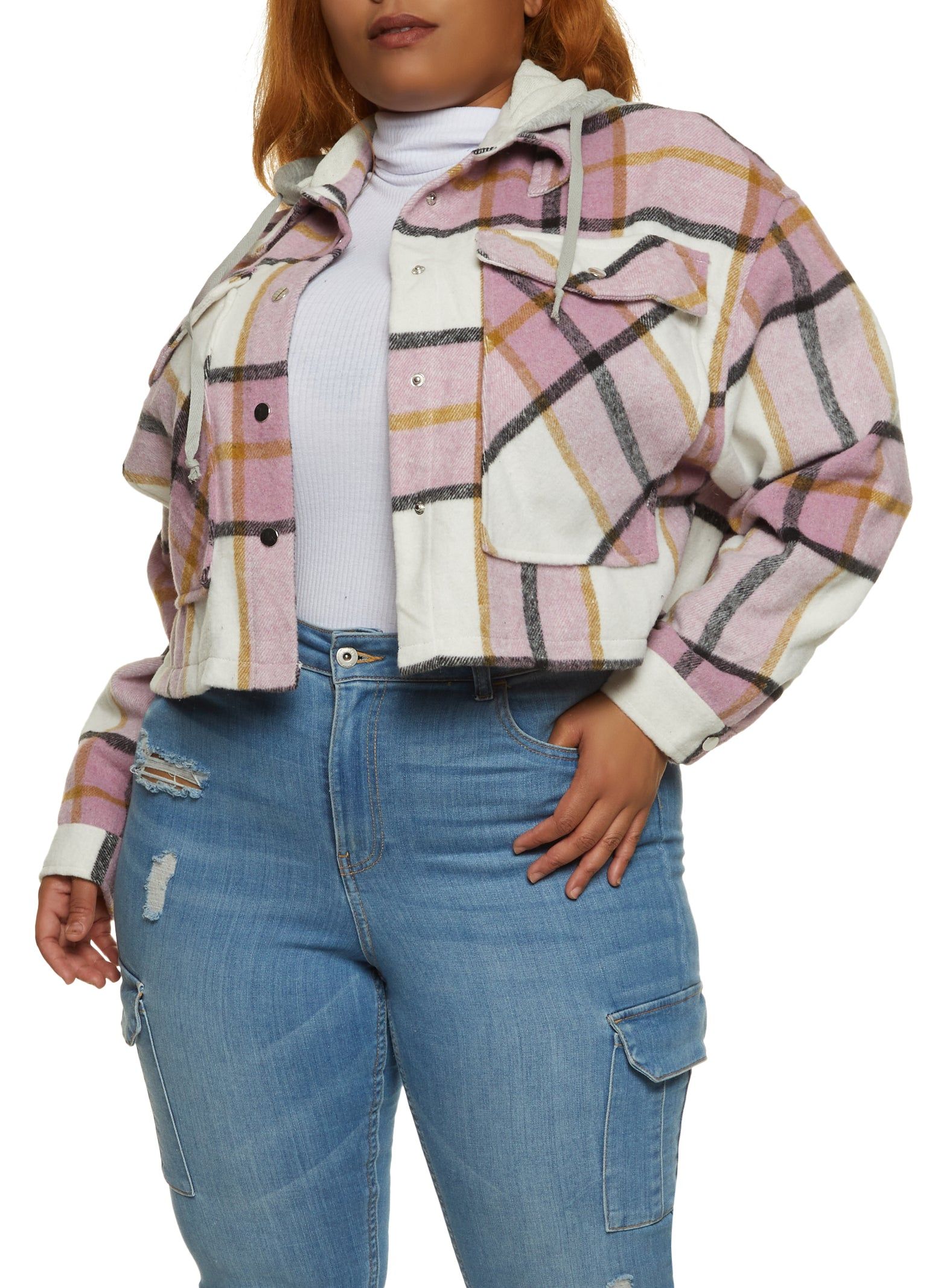 Plus Size Plaid Hooded Cropped Shacket sold by Rainbow