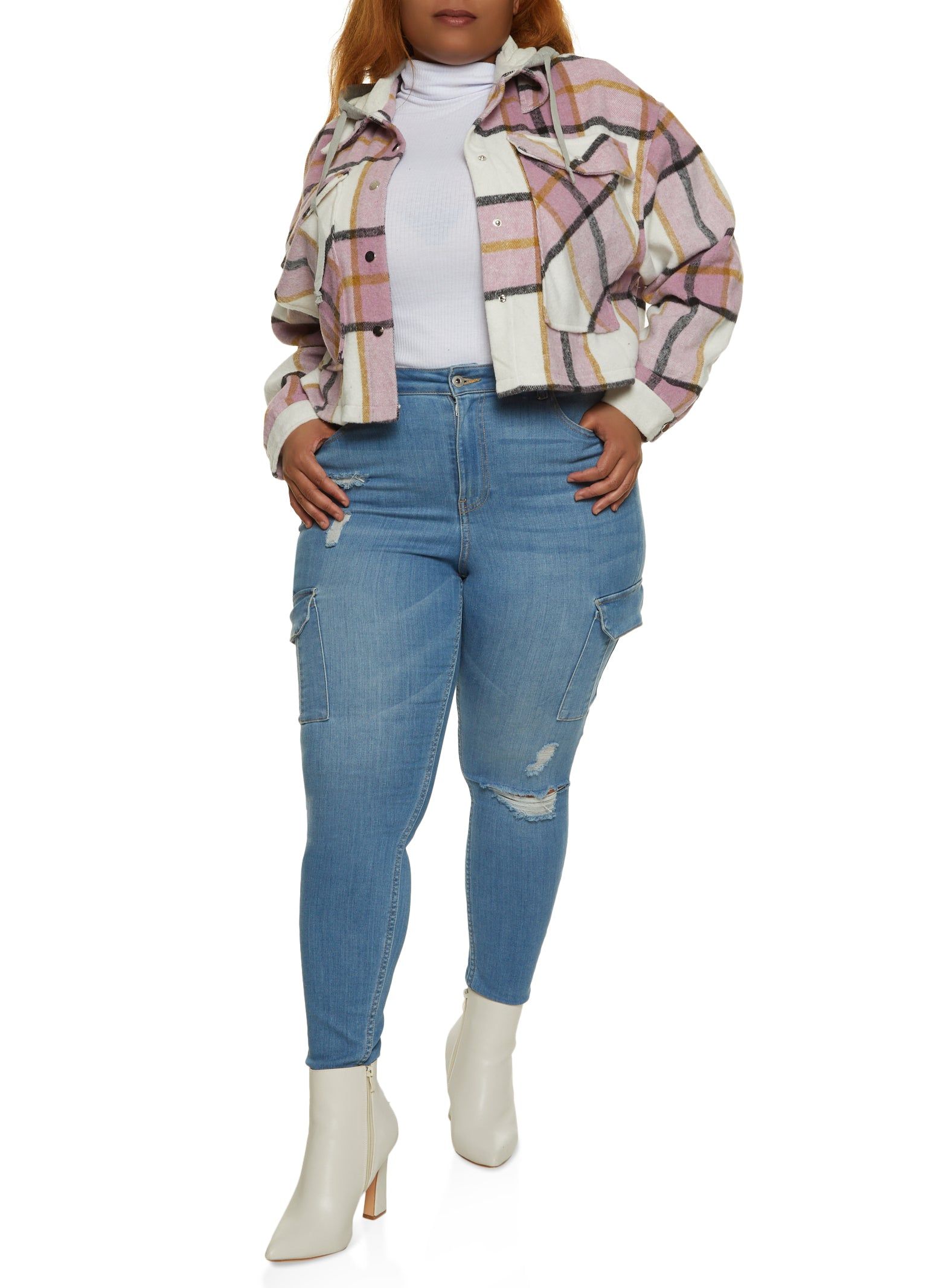 Plus Size Plaid Hooded Cropped Shacket sold by Rainbow product image thumbnail 2