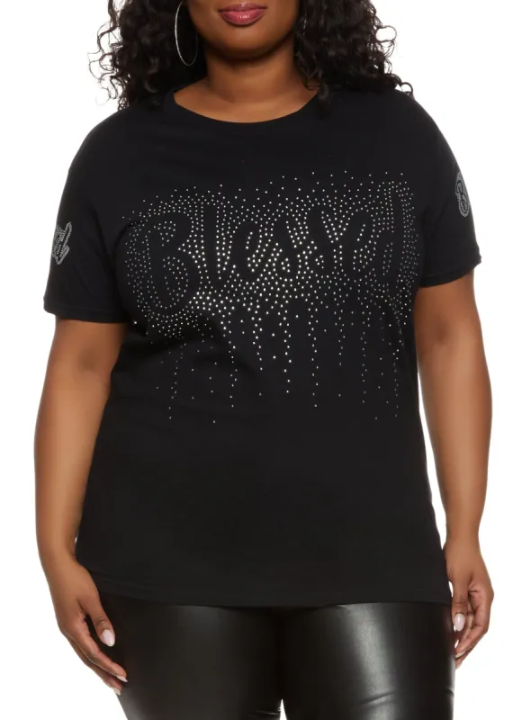 Plus Size Blessed Rhinestone Studded Graphic Tee sold by Rainbow