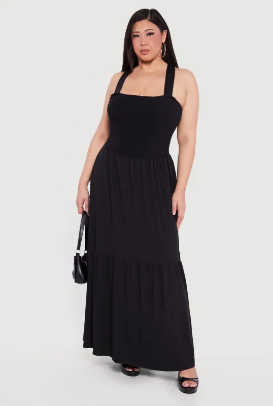 Plus Size Lace Up Back Tiered Maxi Dress sold by Rainbow