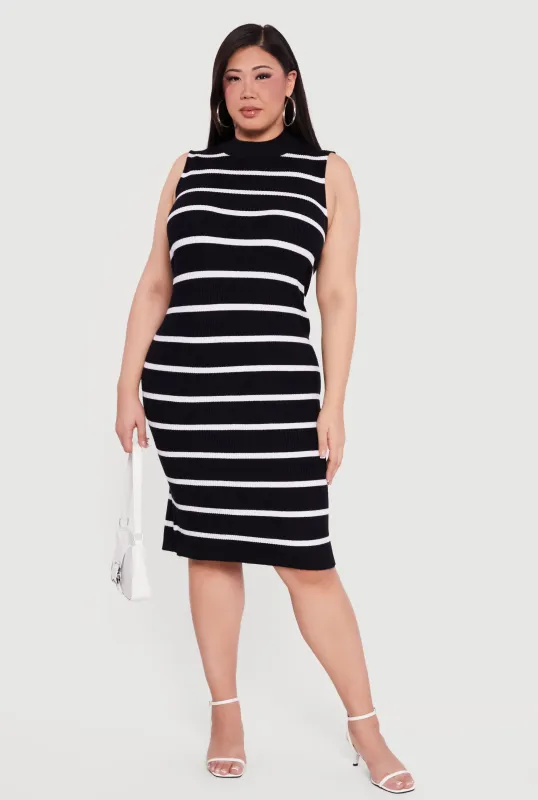 Plus Size Striped Rib Knit Sleeveless Mock Neck Midi Dress sold by Rainbow