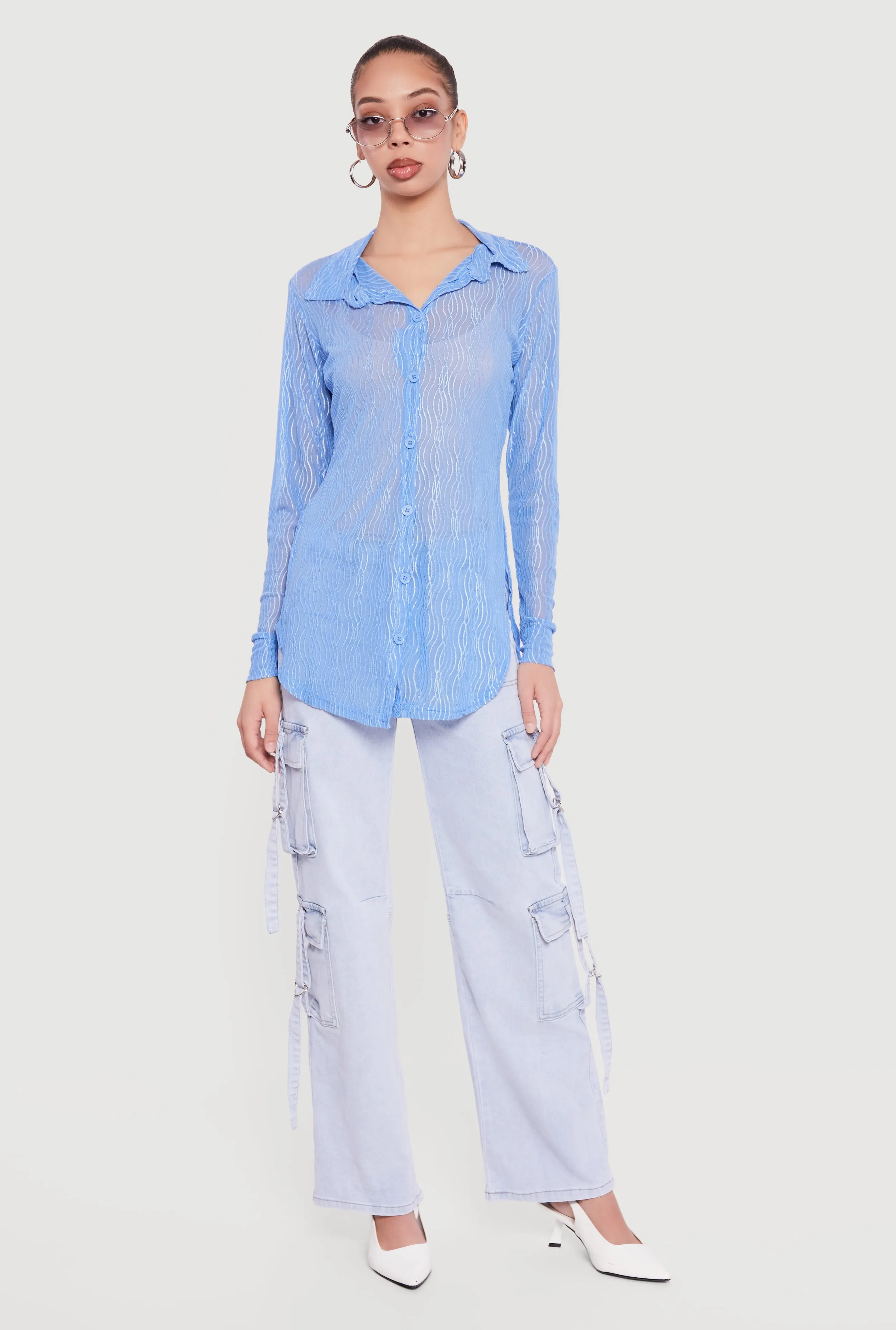 Swirl Mesh Button Front Tunic Shirt sold by Rainbow