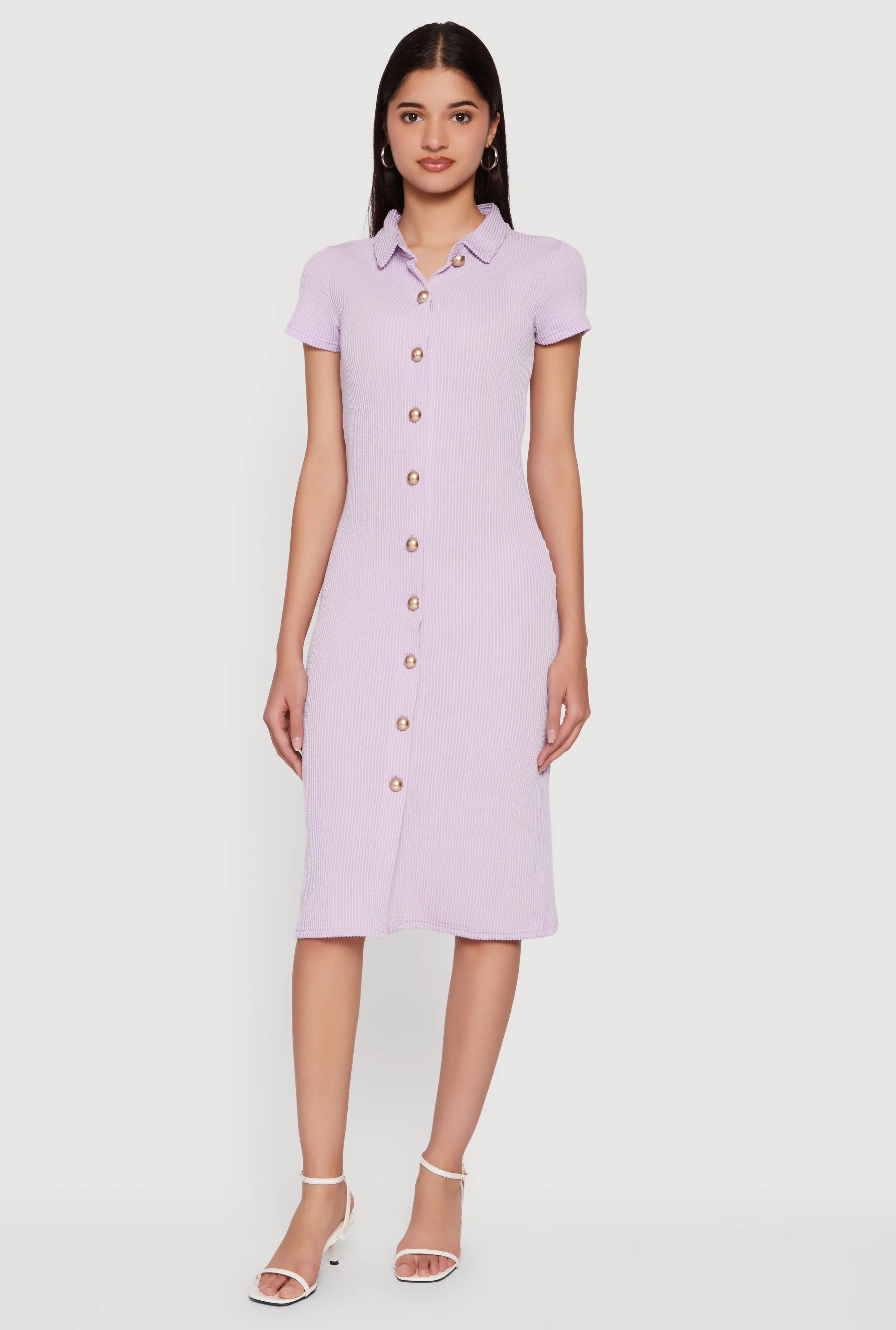 Rib Knit Button Front Midi Shirt Dress sold by Rainbow product image thumbnail 3