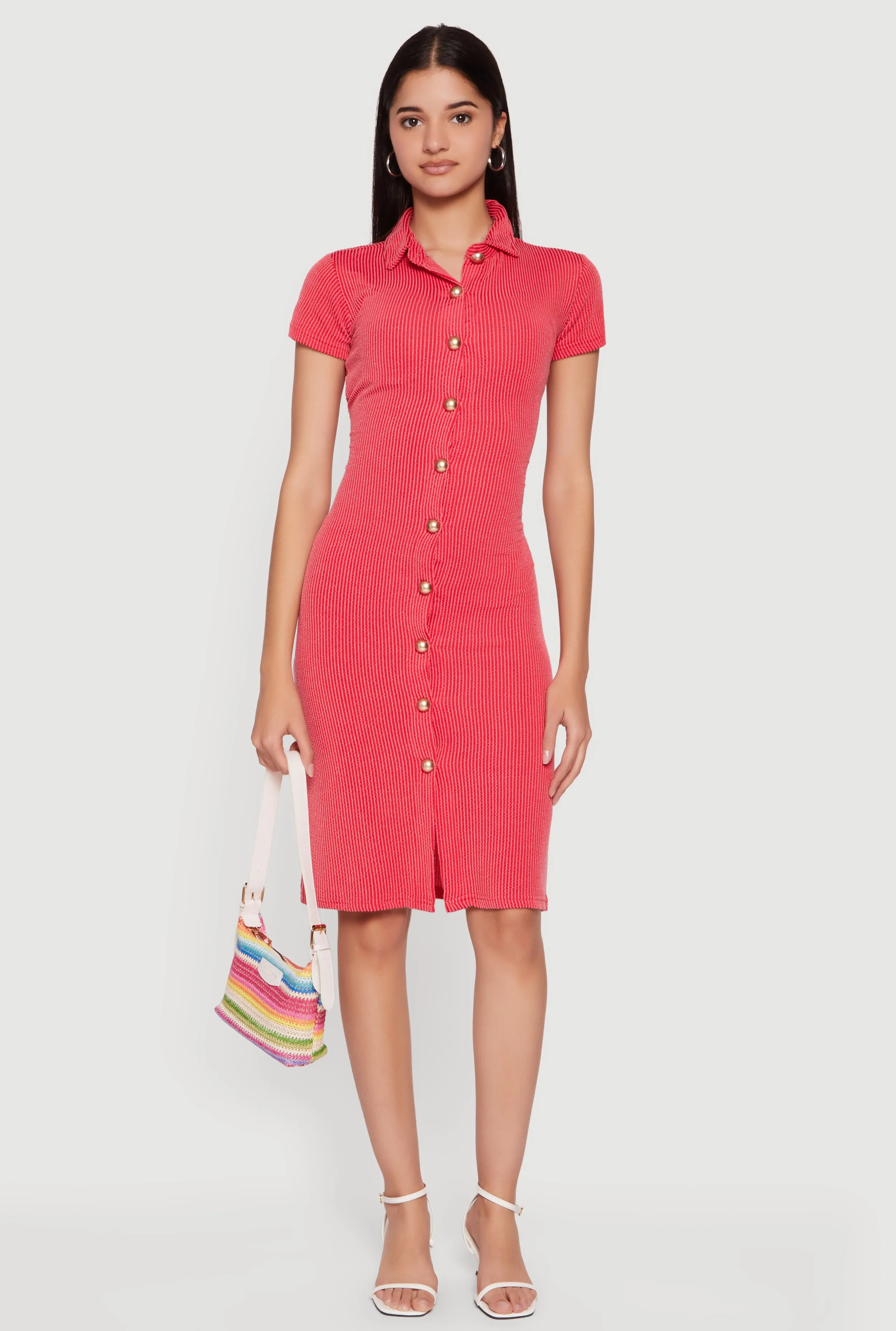 Rib Knit Button Front Midi Shirt Dress sold by Rainbow product image thumbnail 2