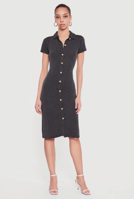 Rib Knit Button Front Midi Shirt Dress sold by Rainbow