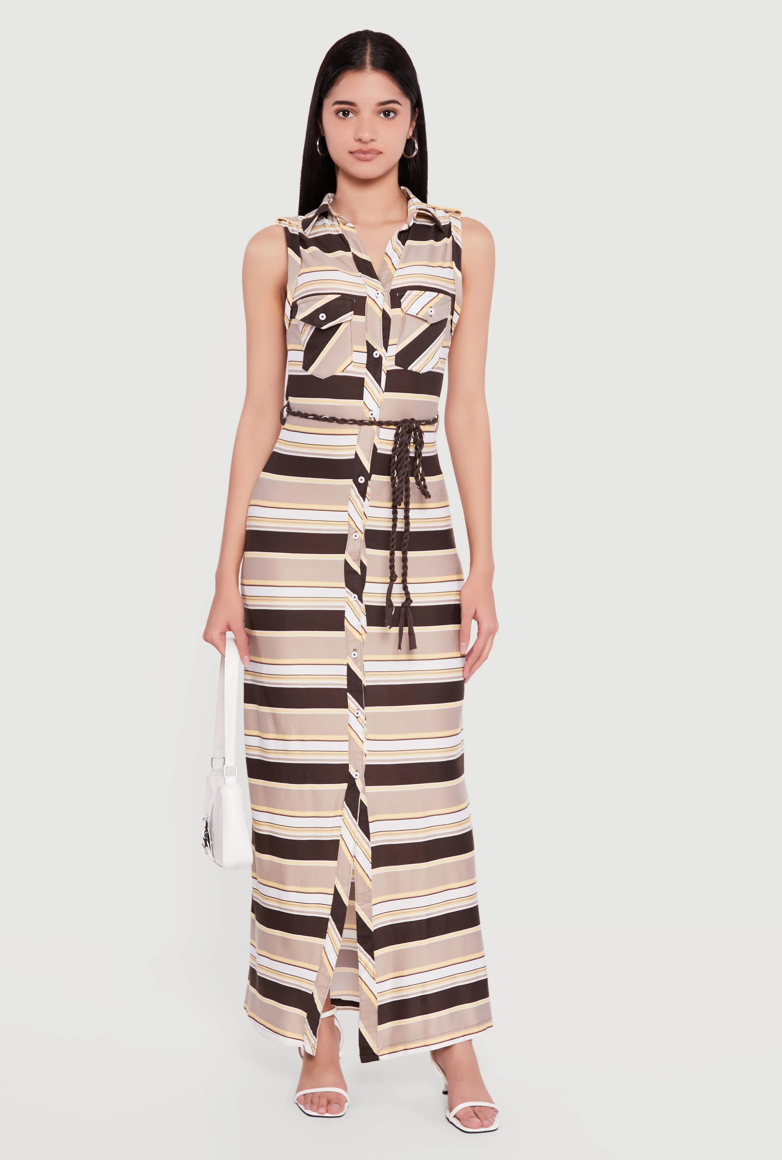 Striped Sleeveless Maxi Shirt Dress with Tie Waist Belt sold by Rainbow product image thumbnail 2