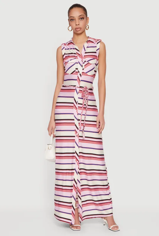 Striped Sleeveless Maxi Shirt Dress with Tie Waist Belt sold by Rainbow