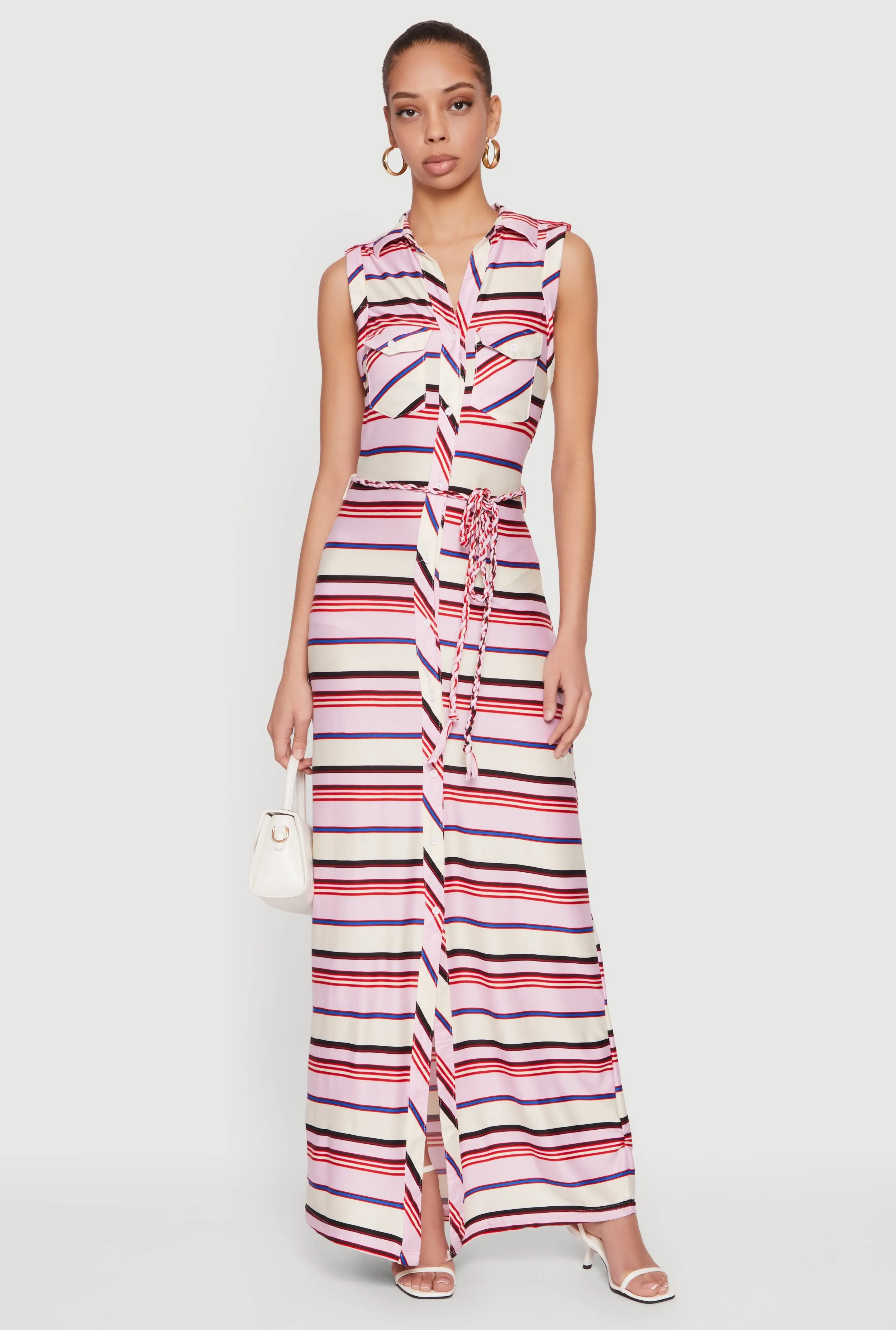 Striped Sleeveless Maxi Shirt Dress with Tie Waist Belt sold by Rainbow