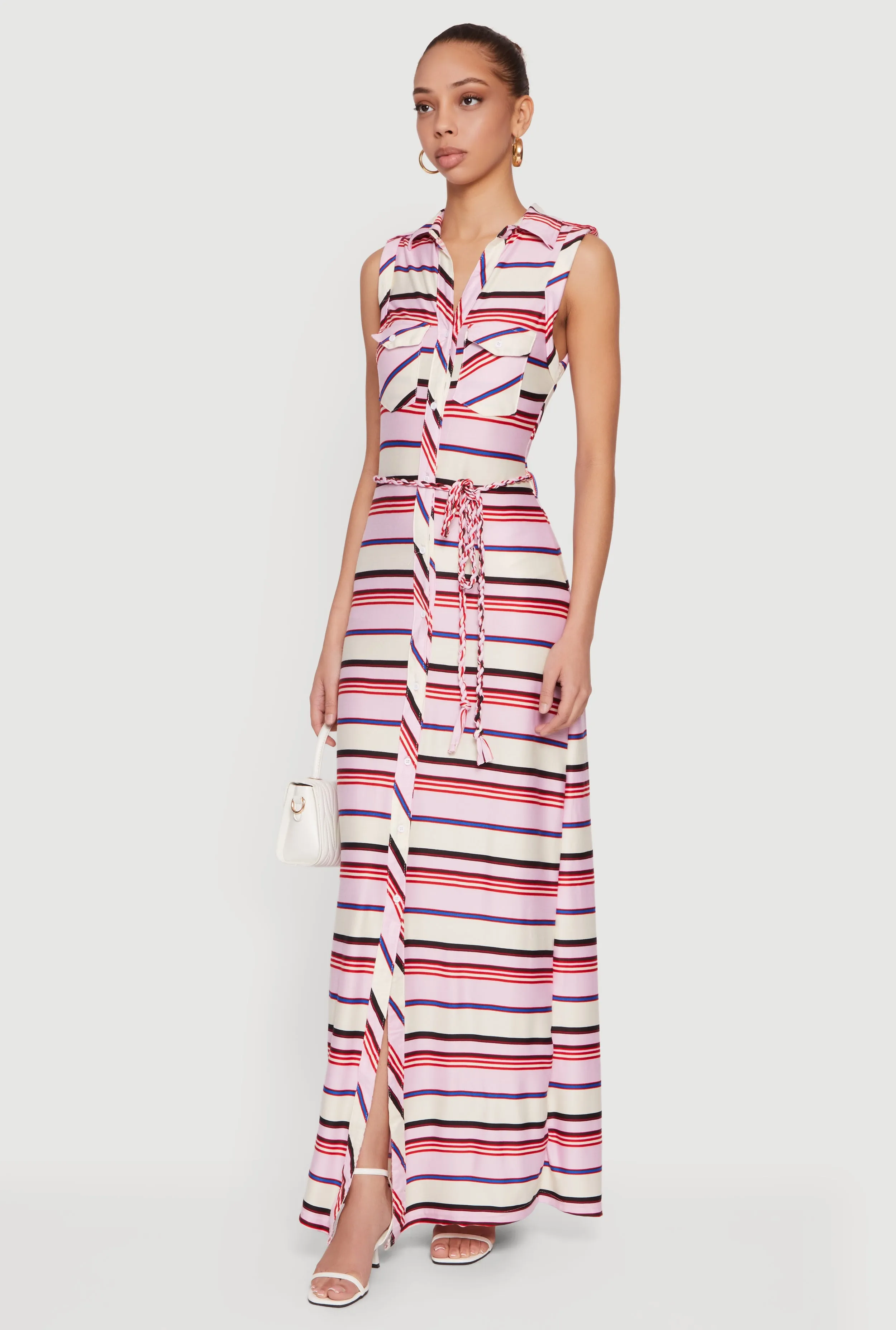 Striped Sleeveless Maxi Shirt Dress with Tie Waist Belt sold by Rainbow product image thumbnail 2