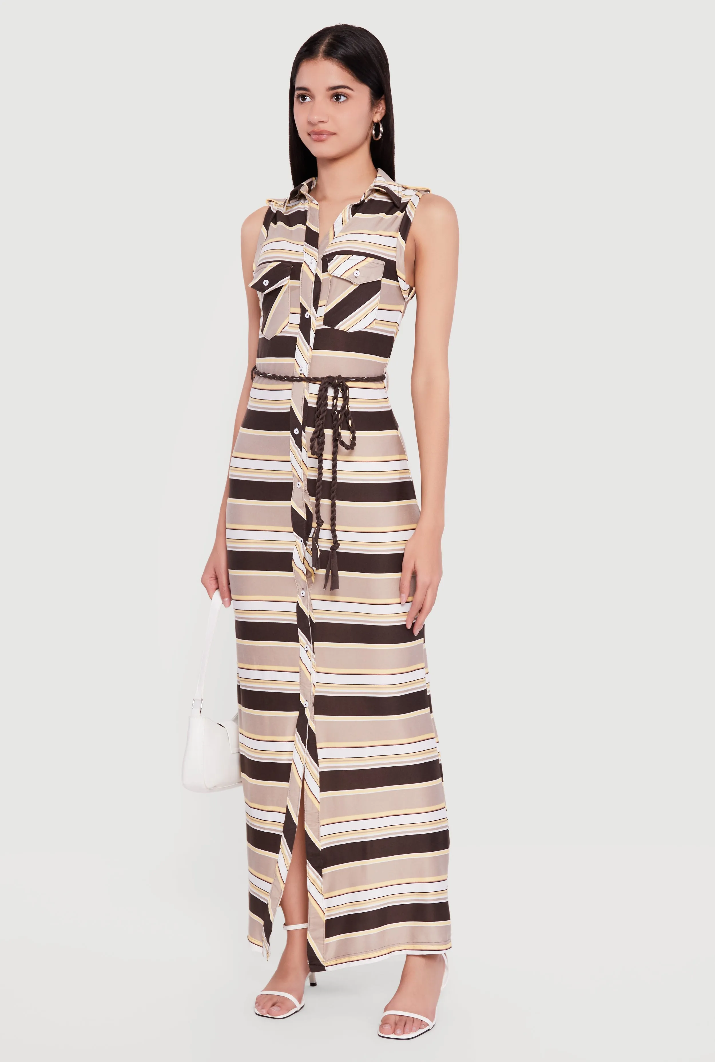 Striped Sleeveless Maxi Shirt Dress with Tie Waist Belt sold by Rainbow product image thumbnail 2