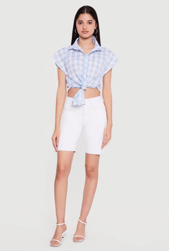 Plaid Lace Front Smocked Back Crop Top sold by Rainbow