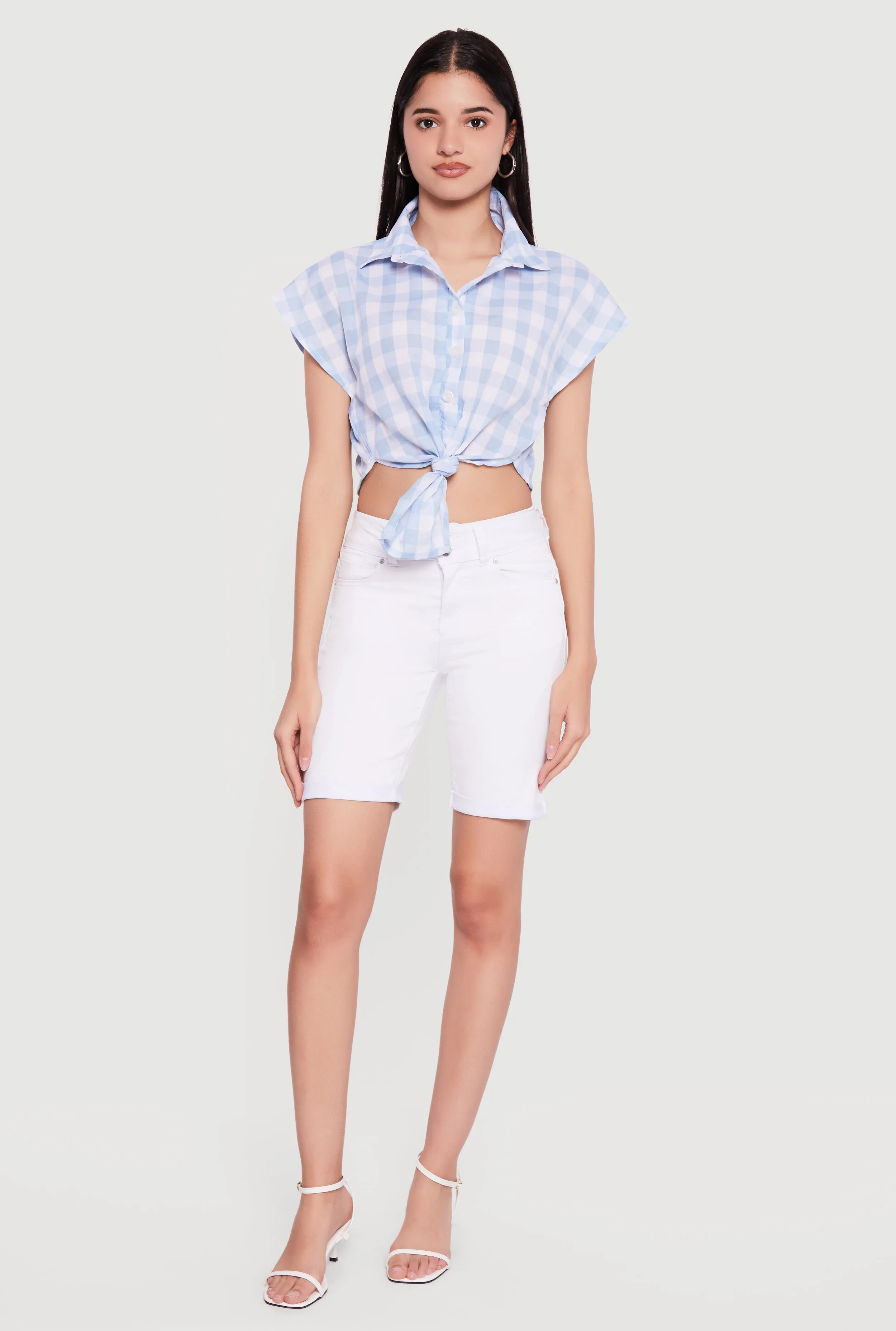 Plaid Lace Front Smocked Back Crop Top sold by Rainbow