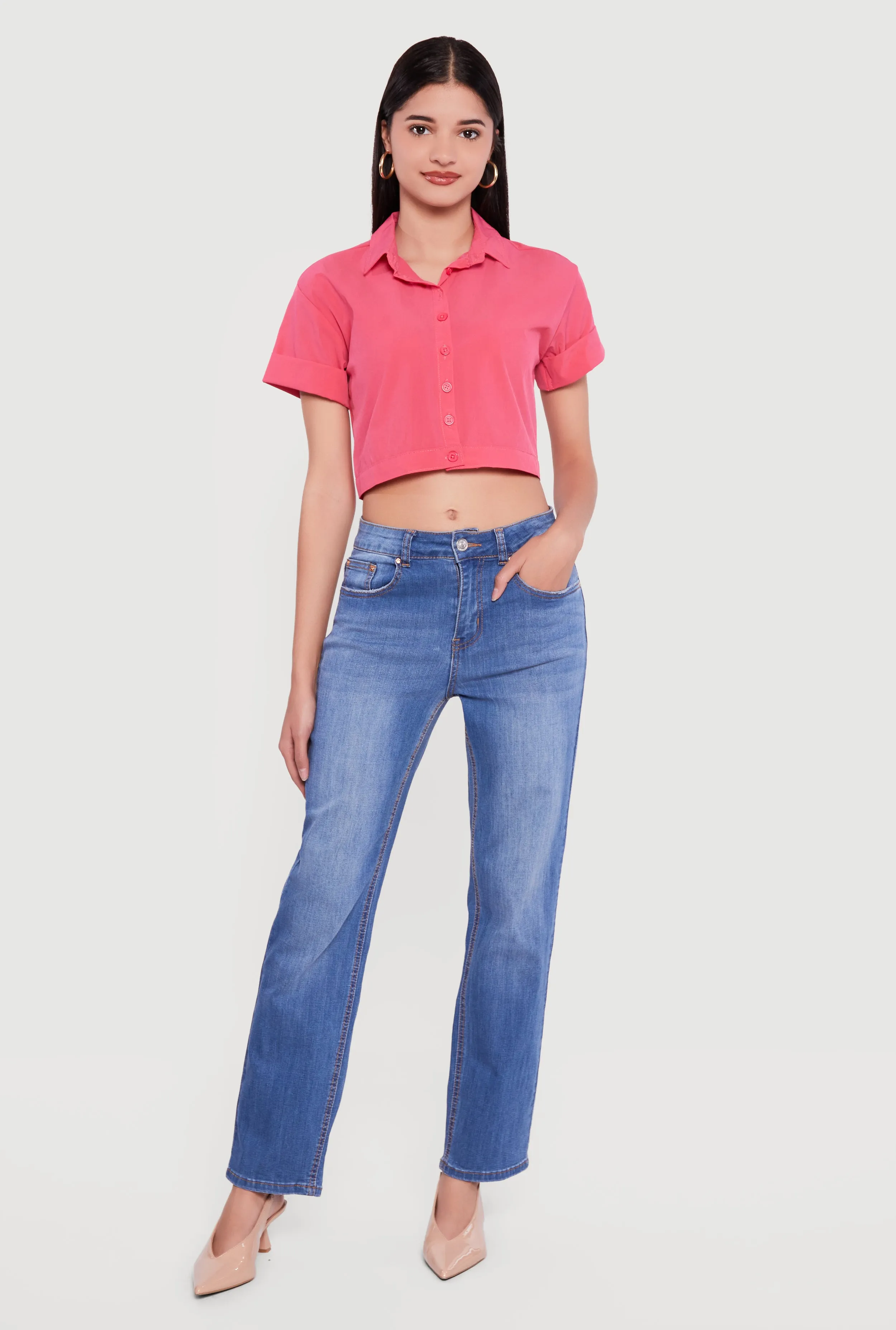 Short Sleeve Button Front Lace Up Cropped Shirt sold by Rainbow