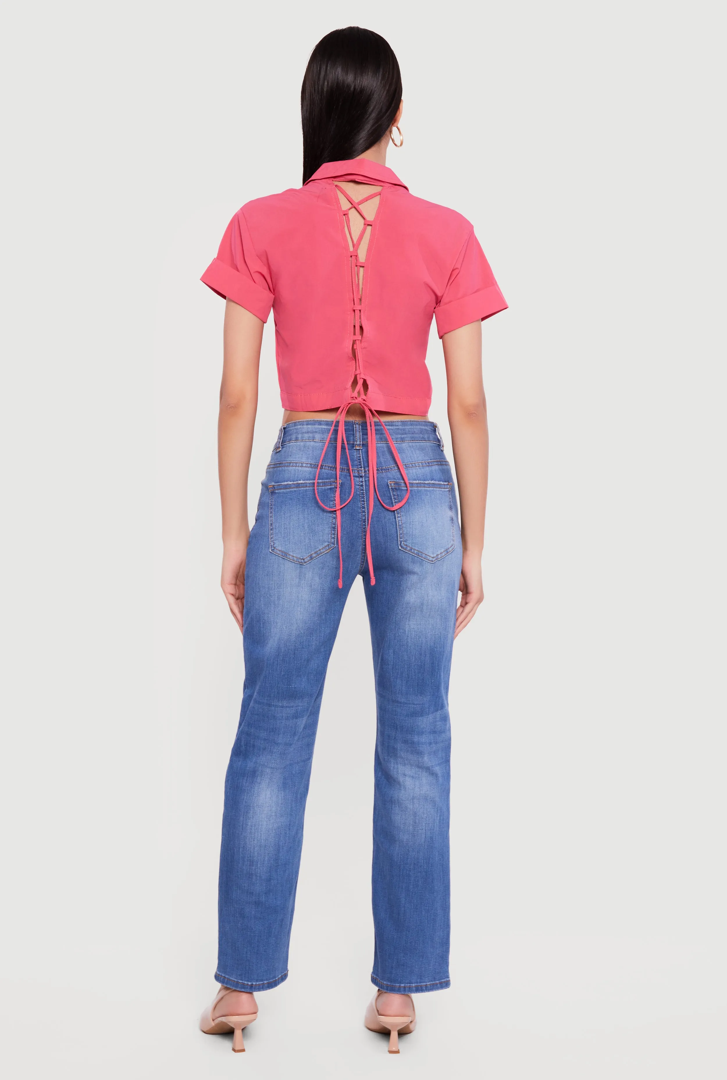 Short Sleeve Button Front Lace Up Cropped Shirt sold by Rainbow product image thumbnail 5