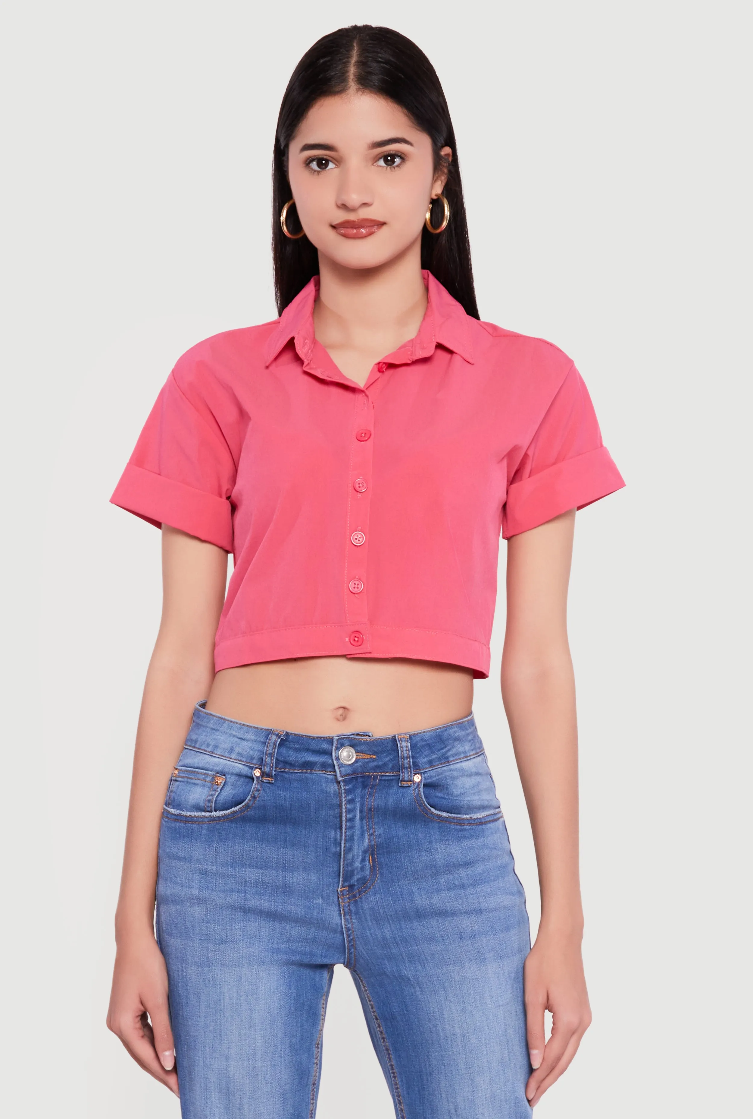 Short Sleeve Button Front Lace Up Cropped Shirt sold by Rainbow product image thumbnail 2