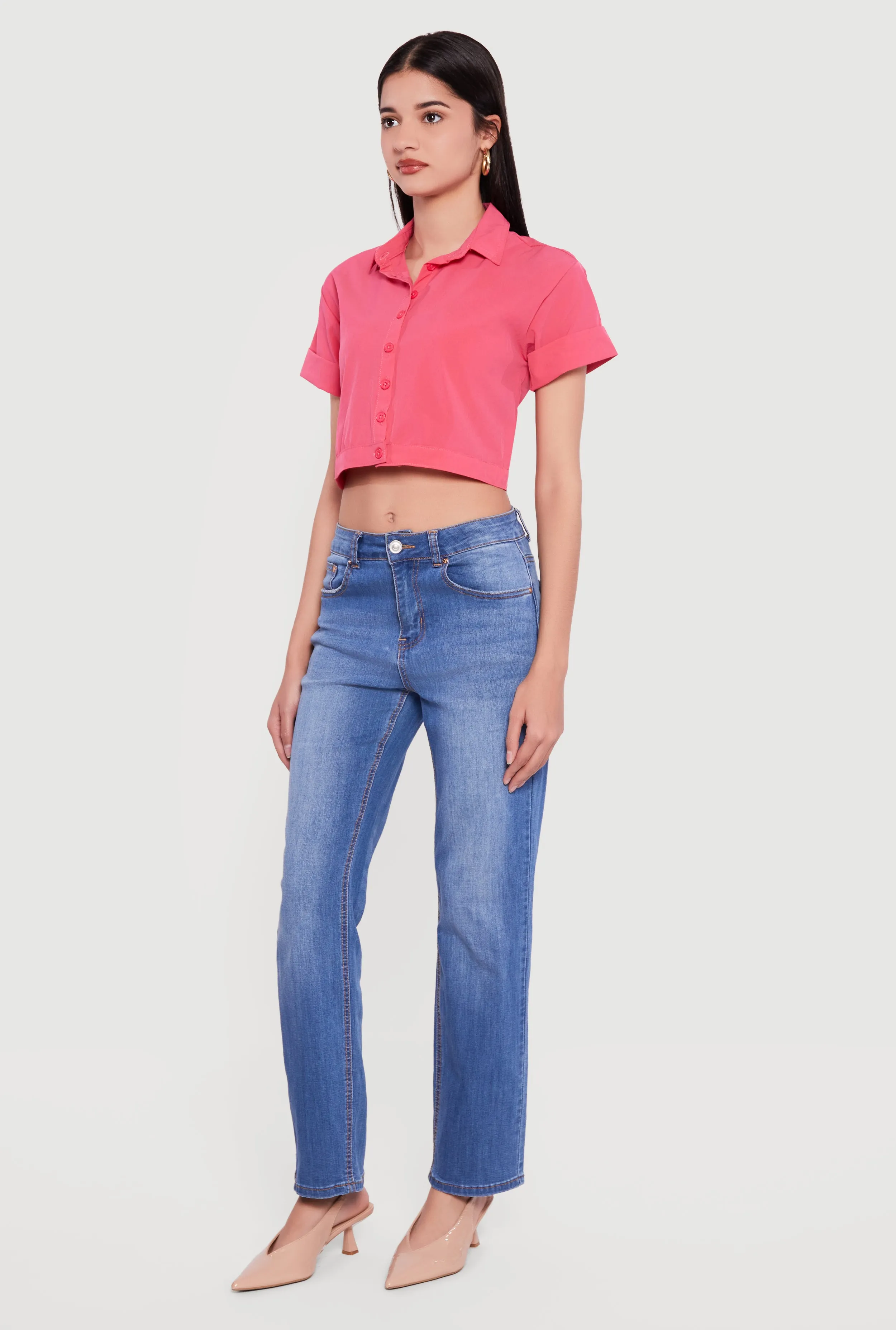 Short Sleeve Button Front Lace Up Cropped Shirt sold by Rainbow product image thumbnail 3
