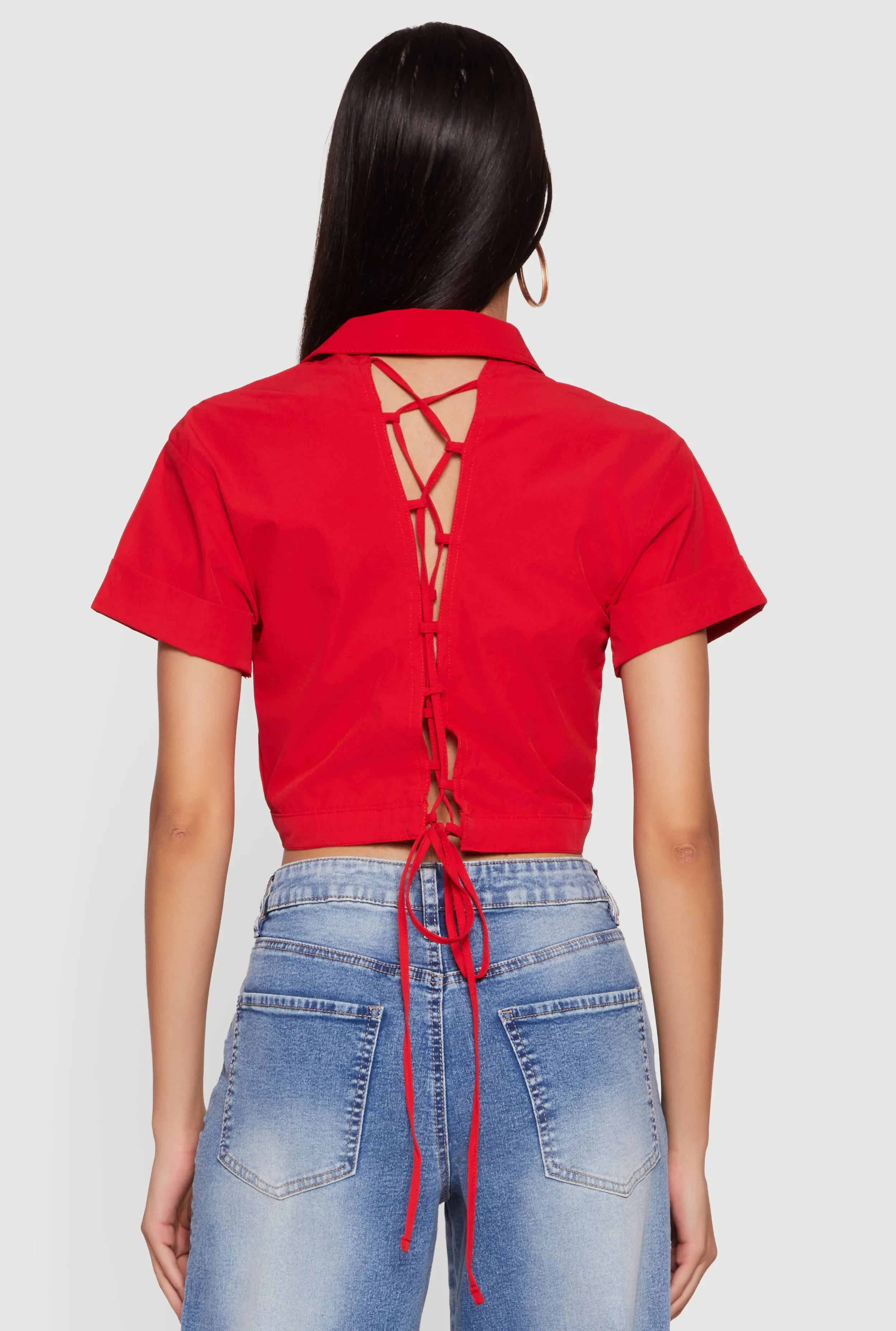 Short Sleeve Button Front Lace Up Cropped Shirt sold by Rainbow product image thumbnail 5