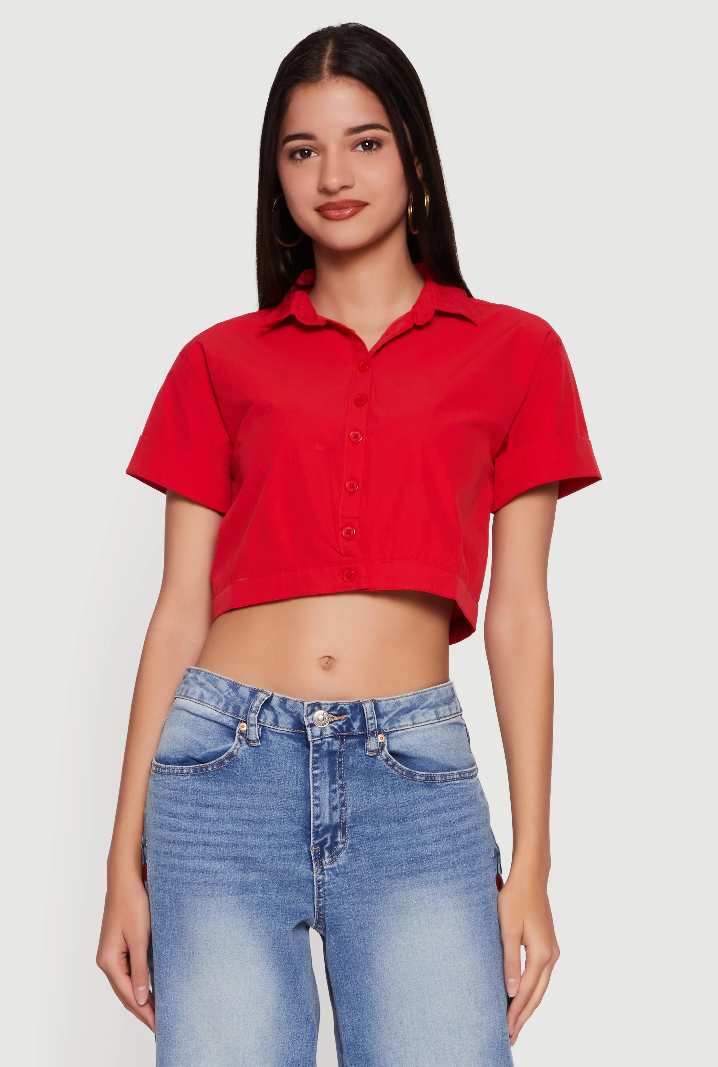 Short Sleeve Button Front Lace Up Cropped Shirt sold by Rainbow product image thumbnail 2