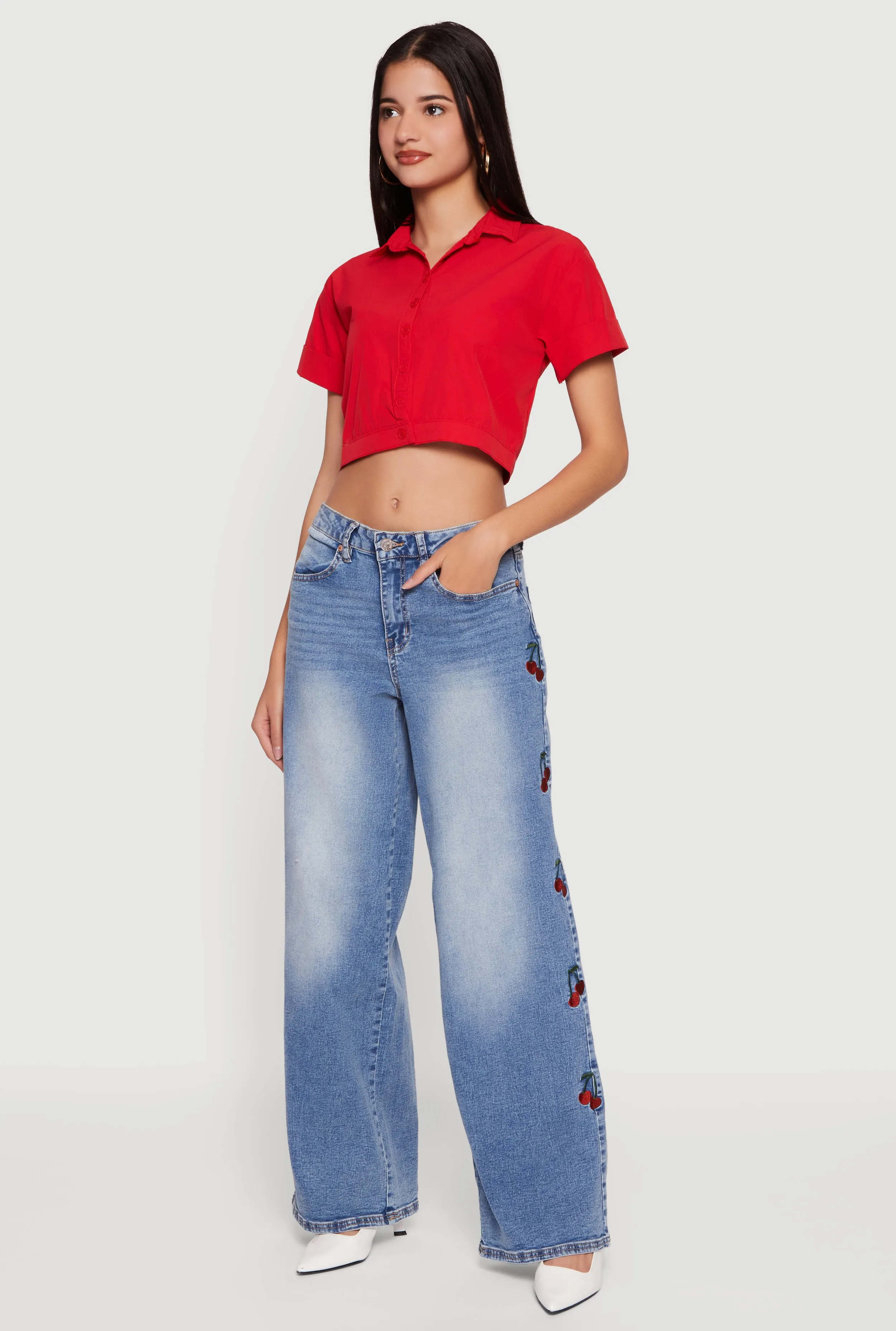 Short Sleeve Button Front Lace Up Cropped Shirt sold by Rainbow product image thumbnail 3