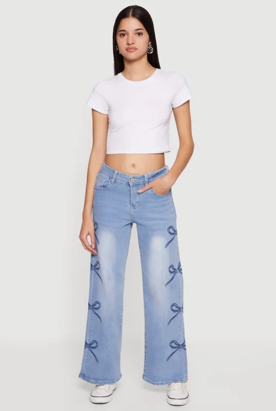 Mid Rise Bow Print Wide Leg Jeans made by Rainbow