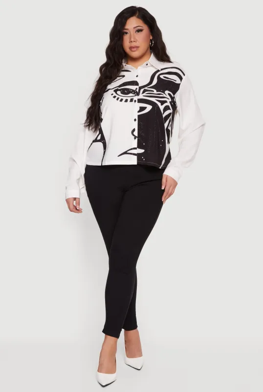 Plus Size Rhinestone Detail Abstract Face Graphic Blouse sold by Rainbow