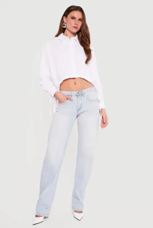 Long Sleeve Drawstring Hem Cropped Button Front Shirt sold by Rainbow