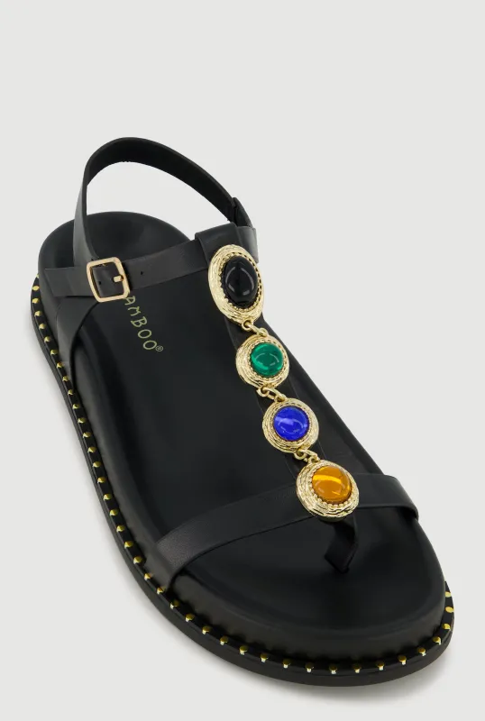 Faux Leather Gemstone Embellished Footbed Sandals made by Rainbow