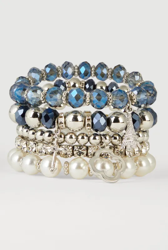 Metallic Charm Beaded Stretch Bracelets Set of 5 made by Rainbow