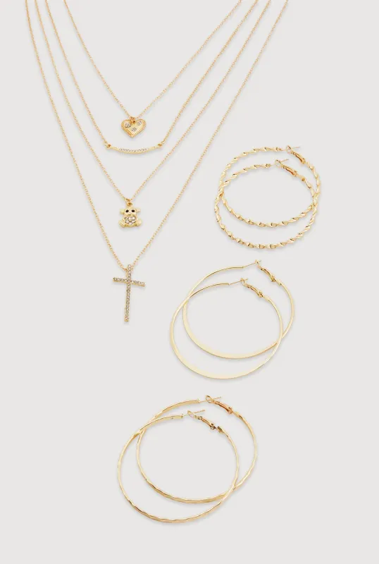 Metallic Charm Layered Necklace and Hoop Earrings Trio sold by Rainbow