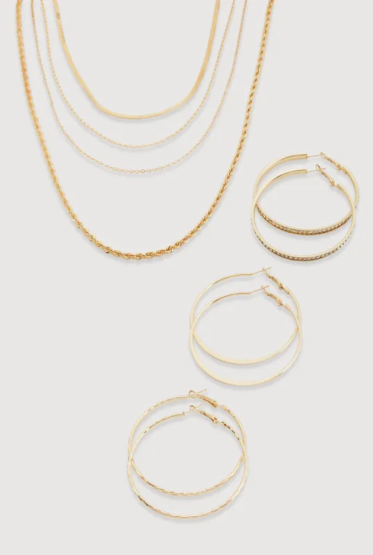 Textured Layered Necklace and Hoop Earrings Trio sold by Rainbow