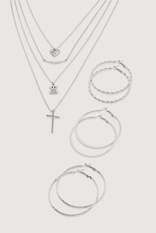 Metallic Charm Layered Necklace and Hoop Earrings Trio sold by Rainbow