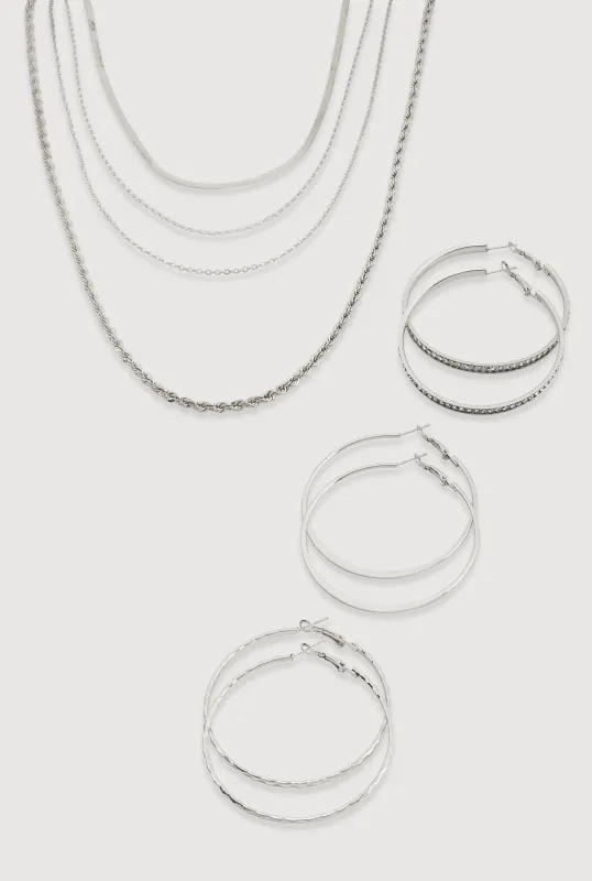 Textured Layered Necklace and Hoop Earrings Trio sold by Rainbow