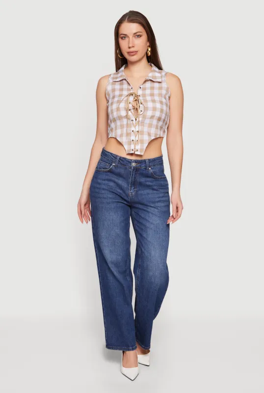 Plaid Lace Front Smocked Back Crop Top sold by Rainbow