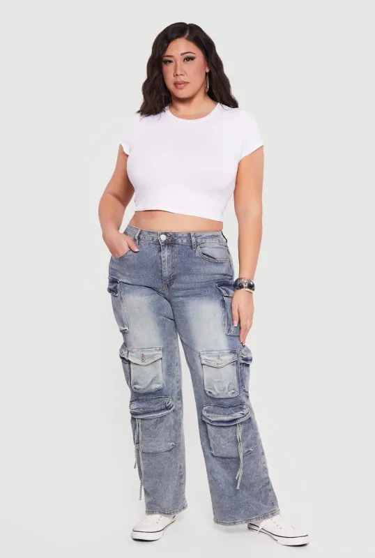 Plus Size VIP Acid Wash High Waisted Utility Jeans sold by Rainbow