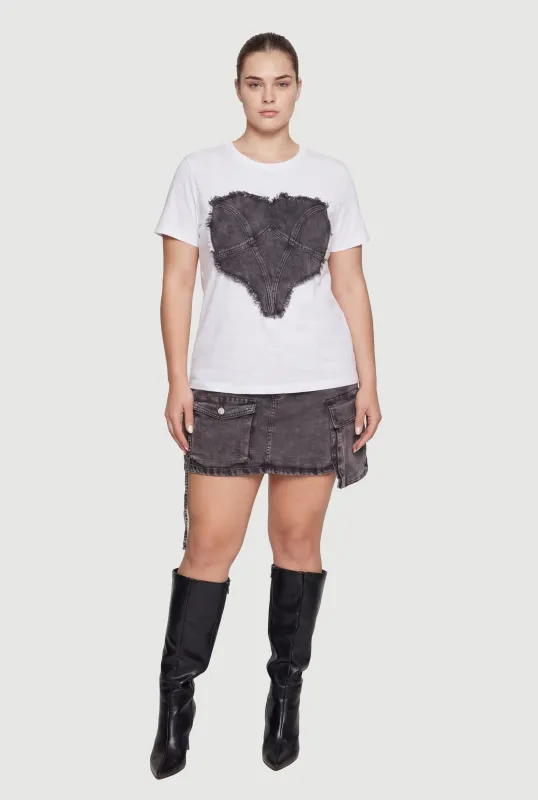 Plus Size Frayed Denim Heart Patch Tee made by Rainbow