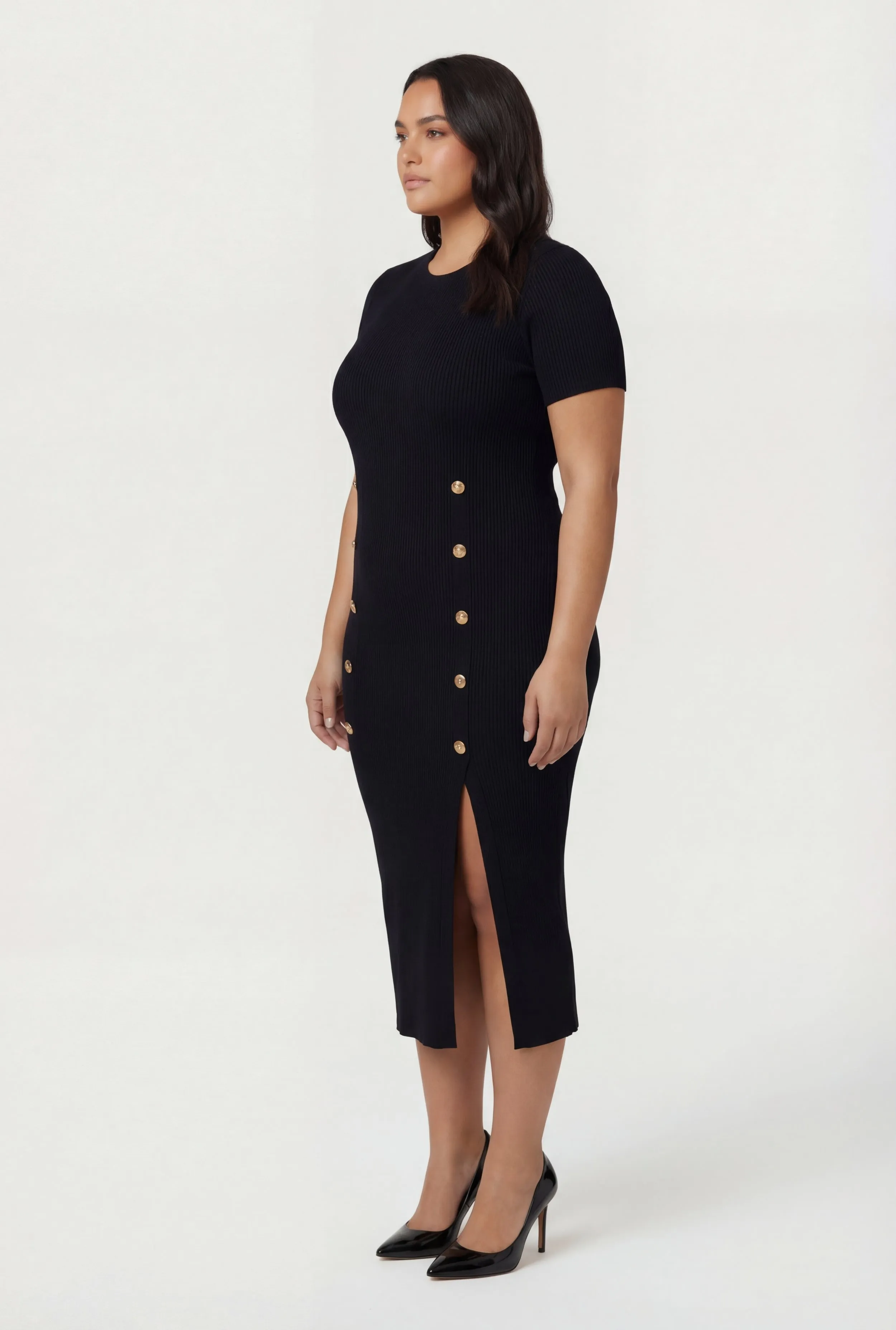 Plus Size Rib Knit Button Detail Side Slit Midi Dress sold by Rainbow product image thumbnail 2