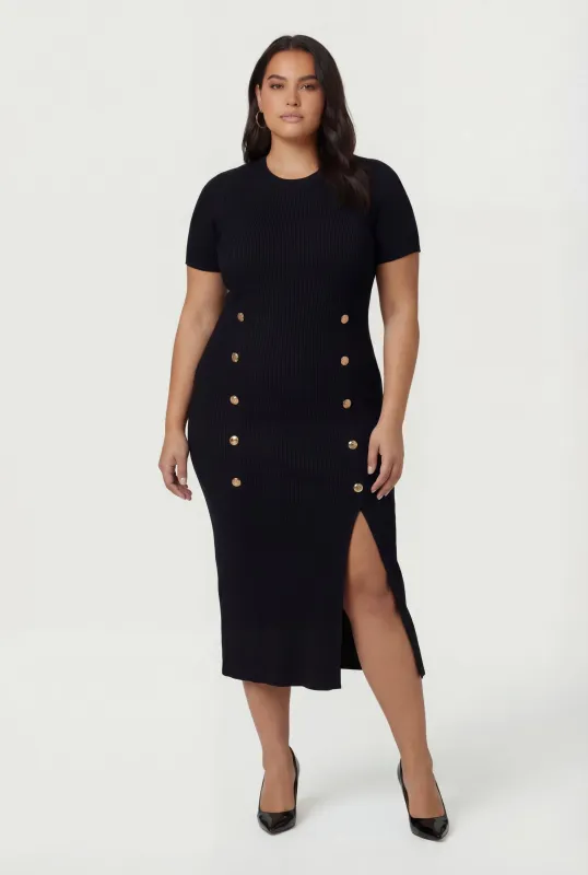 Plus Size Rib Knit Button Detail Side Slit Midi Dress sold by Rainbow