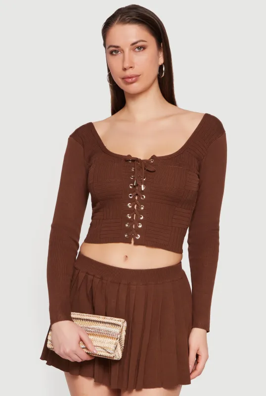 Long Sleeve Scoop Neck Lace Up Front Crop Top sold by Rainbow