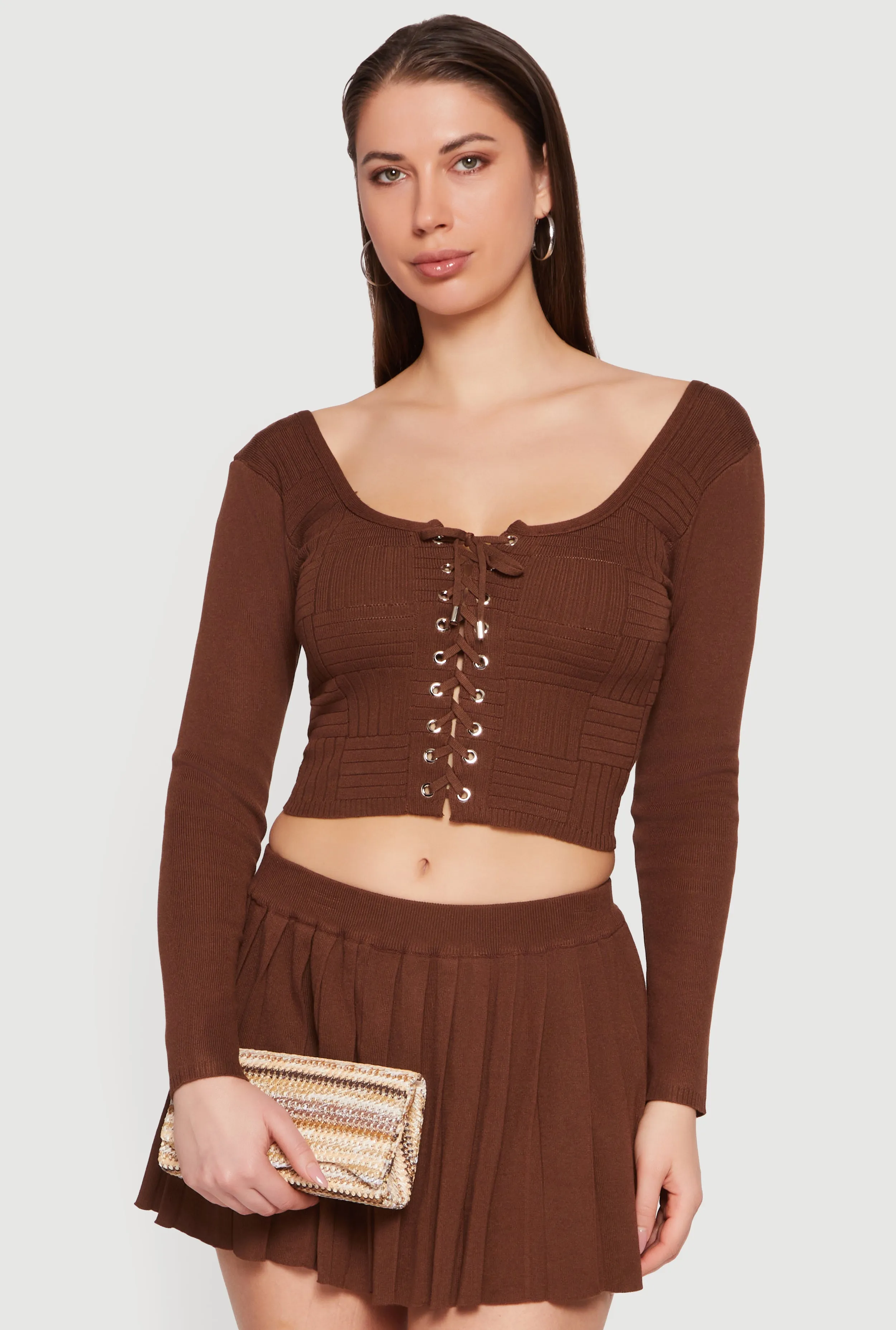 Long Sleeve Scoop Neck Lace Up Front Crop Top sold by Rainbow