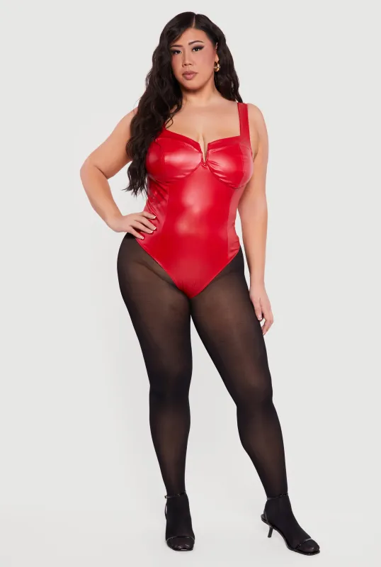 Plus Size Faux Leather Notch Neck Corset Bodysuit made by iris