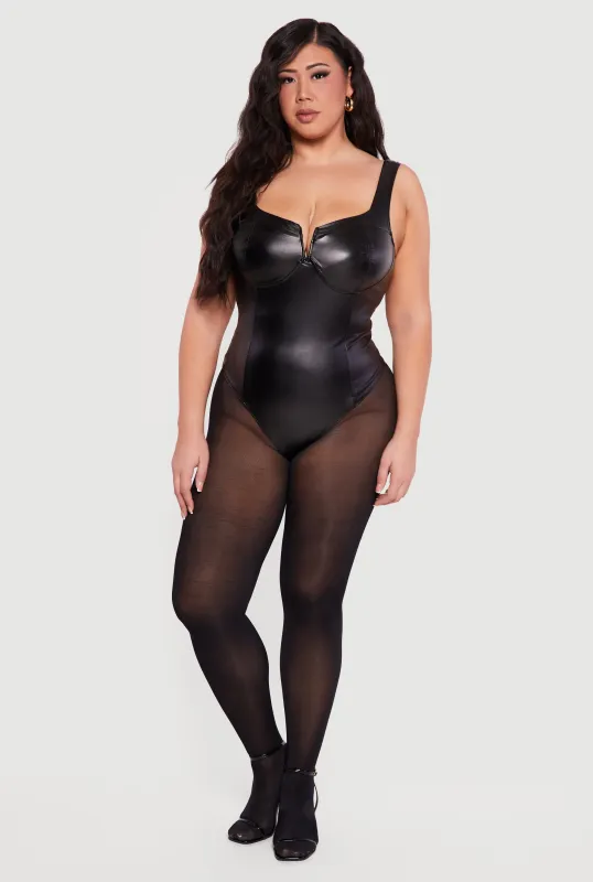 Plus Size Faux Leather Notch Neck Corset Bodysuit made by iris