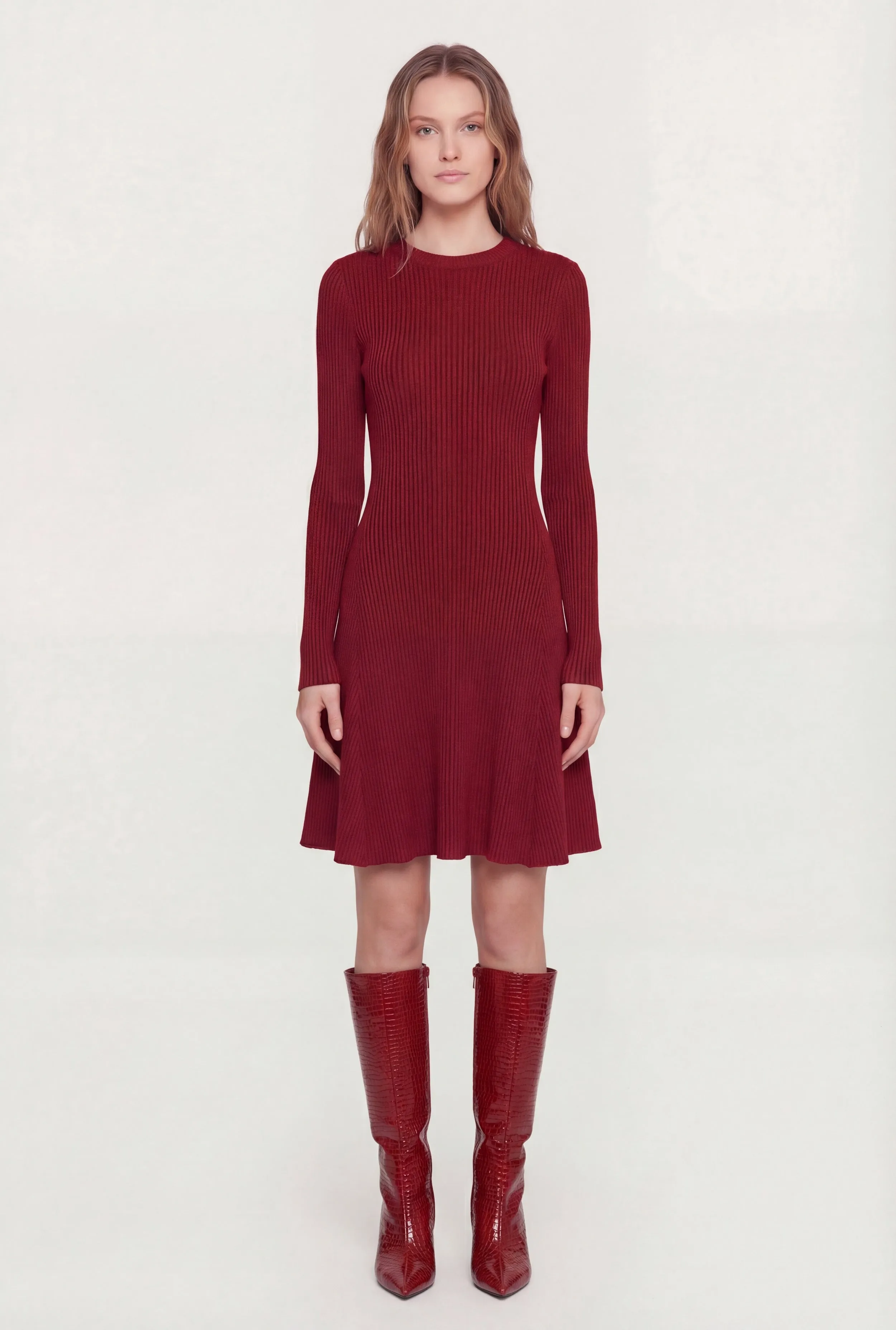 Rib Knit Long Sleeve Crew Neck Mini Sweater Dress sold by Rainbow