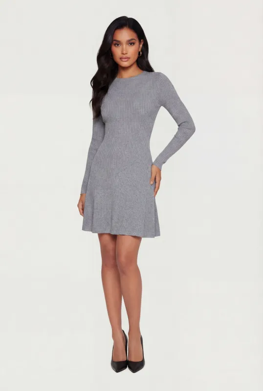 Rib Knit Long Sleeve Crew Neck Mini Sweater Dress sold by Rainbow